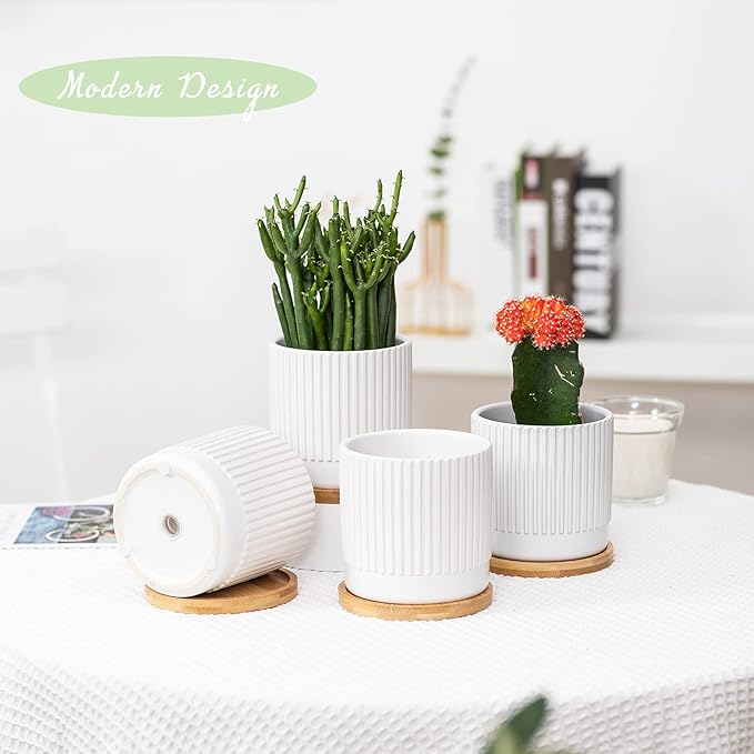 AOMRYOM 4.25 Inch Small Ceramic Plant Pots with Drainage Holes and Trays, Garden Flower Pots for Indoor Outdoor Plants, Succulents, Cactus and Herbs, White Stripe, Set of 4 (Plant Not Included)