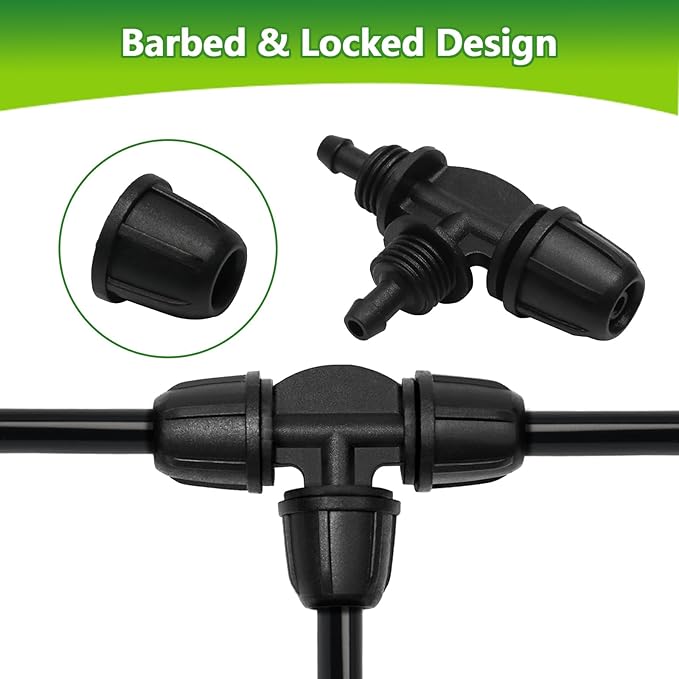 1/4" Drip Irrigation Fittings, 26 Pcs Lock Barbed Tee Connectors for 1/4 Inch Drip Irrigation Tubing Drip Line 3 Way T Parts with Lock Nut for Garden Lawn Drip Systems