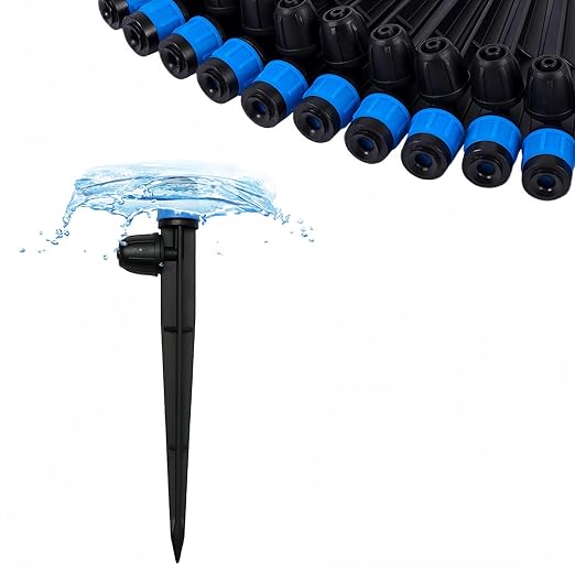 50 Pieces Drip Irrigation Emitters, Adjustable 360 Degree Drip Vortex Emitters on 5" with Stake for 1/4" Drip Irrigation Tubing Irrigation Fan Shape Drippers for Garden Watering System