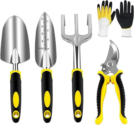 Stainless Steel Garden Tools, Gardening Tool Set with Pruning Shears, Hand Trowel, Transplanter, Hand Rake, Gardening Gloves (750, 5PCS)