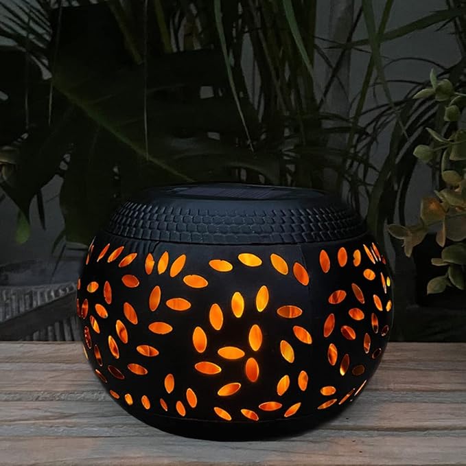 Solar Table Lantern Outdoor Waterproof-Dancing Flickering Flame Solar Powered LED Light,Black Metal Desktop Decorative Lamp Auto On/Off Lighting Dusk to Dawn for Desk Patio Garden Pathway Yard