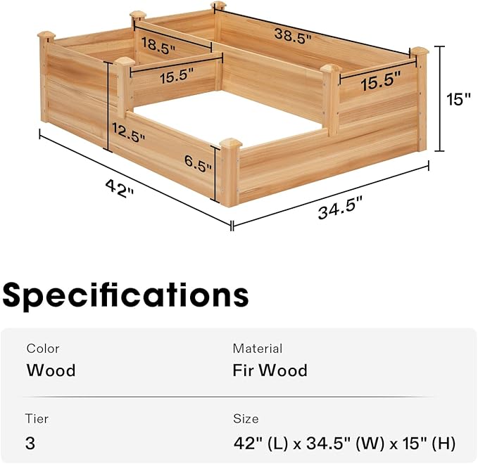 VIVOSUN 3-Tier 3-Grid Wooden Raised Garden Bed, 42.5 x 34.5 x 15 Inches, Outdoor Elevated Wood Planter Box with Screwdriver for Gardens, Patios, Backyards, Balcony and Outdoors
