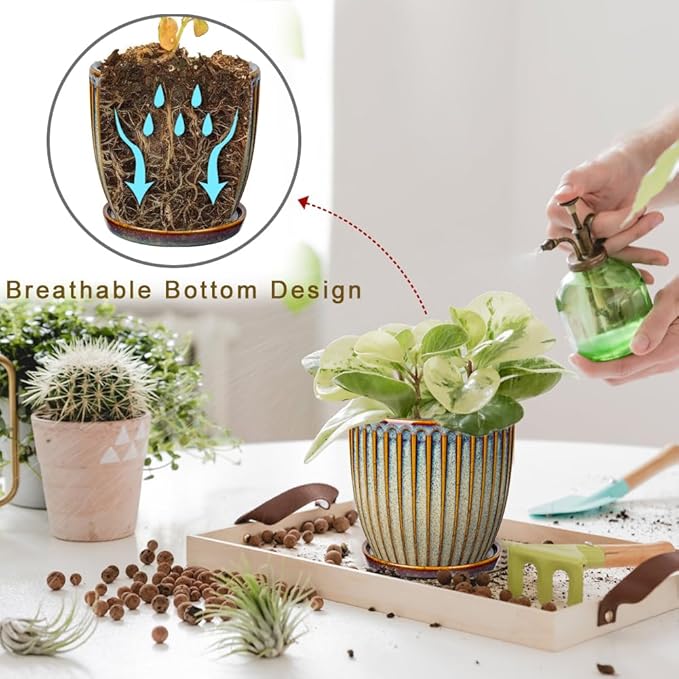 Oairse Ceramic Pots for Indoor Plants, 4.9 +5.7 inch Pots for Plants Set of 2 Brown Plant Pots with Drainage Holes and Saucers Texture Ceramic Planters Indoor Outdoor Flower Pots for Succulent