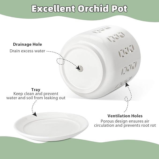 Ceramic Orchid Pots with Holes, 5 Inch+6 Inch Orchid Planter with Drainage Holes and Tray, Indoor Flower Pot for Repotting Orchids, Elegant White Glaze