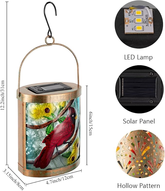 Starsoul 2 Pack Hanging Solar Lantern Outdoor Waterproof Glass Red Cardinal Decorative Solar Lights for Outside Garden Yard Table Patio Decor Cardinal Gifts