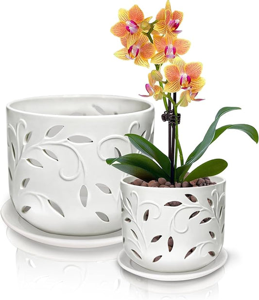 KERUITA Orchid Pots with Holes,6 inch + 5 inch Ceramic Planters Set of 2 with 2 Bottom Tray, Enhanced Drainage and Ventilation,White Flower Pots for Indoor/Outdoor Plants for Repotting