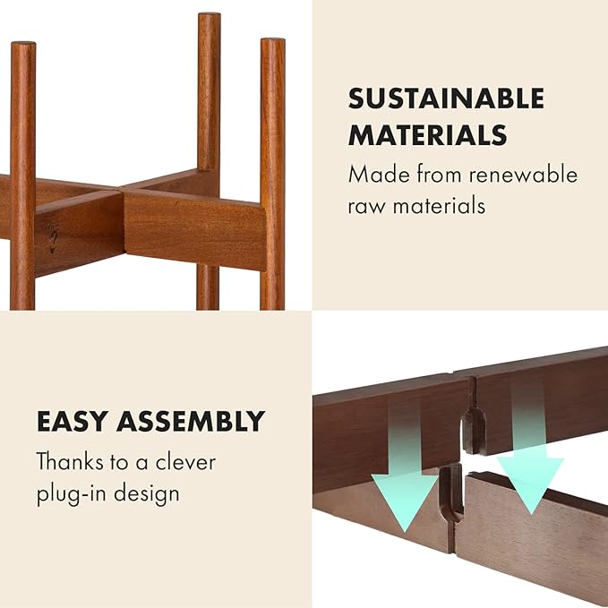 Fox & Fern Mid Century Plant Stand — 10 Inch Fixed Size Wooden Plant Stand for Indoor Planters; Raised Flower Pot Holder for Indoors; Plug In Design; Two Height Options; Easy to Assemble - Acacia