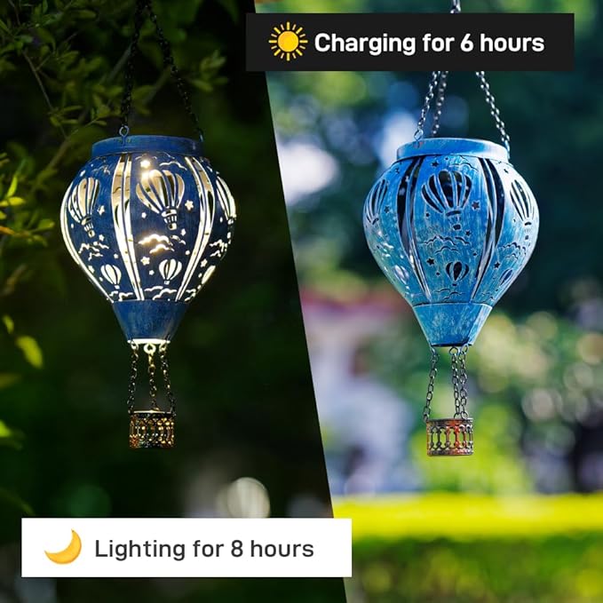 Hot Air Balloon Solar Lantern, Hollow Out Solar Powered Hot Air Balloon Lantern Outdoor Waterproof, Blue Metal Hanging Hots Airs Balloons Solars Light for Outdoor Patio Garden Decor