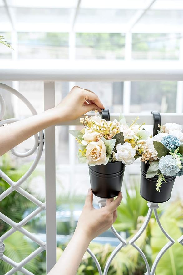 Dahey 10 Pcs Hanging Flower Pots Metal Iron Bucket Planter for Railing Fence Balcony Garden Home Decoration Flower Holders with Detachable Hooks, Black, 4 Inches