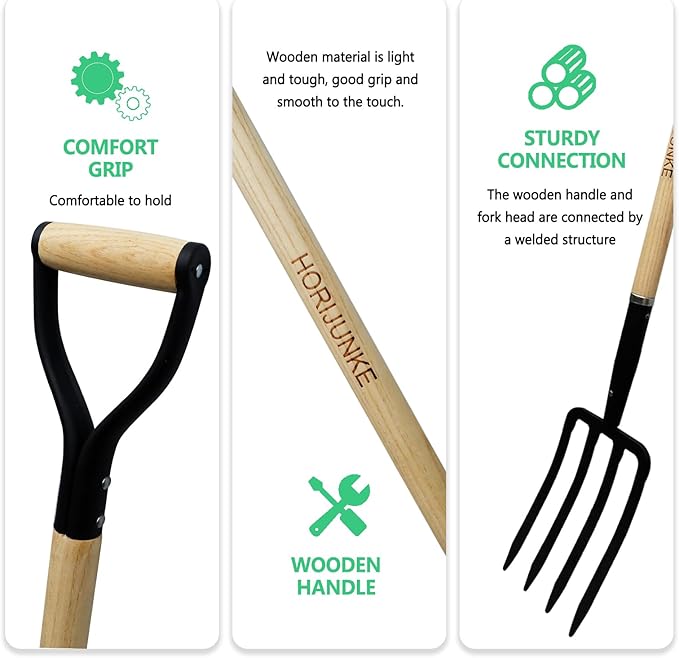 Garden Fork,4-Tine Pitchfork,Spading Digging Fork,Forged Steel Y-Grip, Wood Handel,45Inch