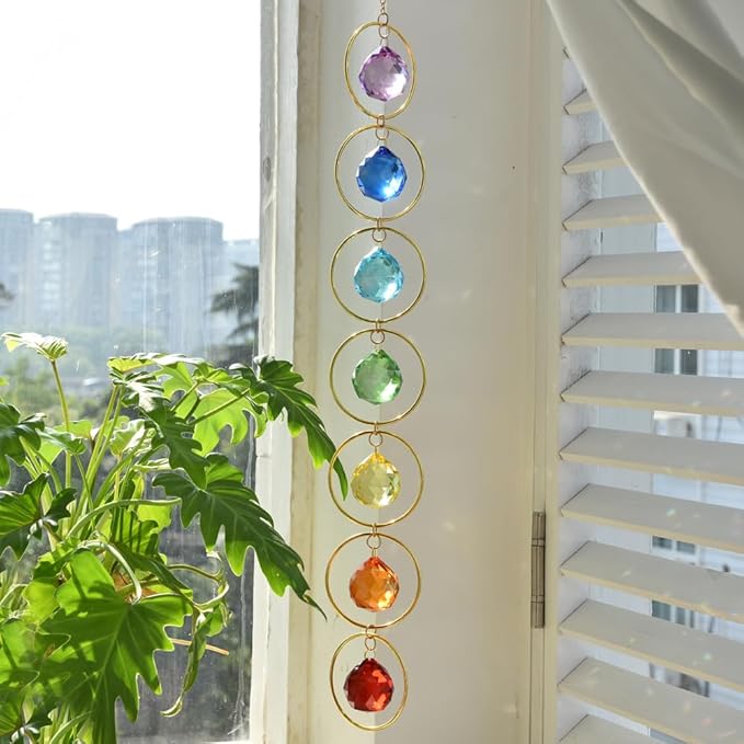 Hanging Sunlight Catcher, 7-Color Crystal Balls for Wind Chimes, 7-Chakra Crystal Ball Pendant, Chakra Window Ornament, Garden Decoration