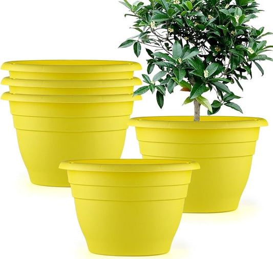 10" Planter Pot for Indoor Plants 5 Pack Plant Pots with Drainage Hole and Rubber Plug, Durable Lightweight Flower Pots Perfect for Home Decor, Yellow
