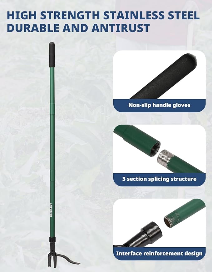 DEERFAMY Stand Up Weed Puller Tool with Long Handle, Garden Weeder Tool with 4-Claw Steel Head Design, Manual Weeder with 3-Metal Structure, Effortless Weeding Without Bending, for Dandelions, Green