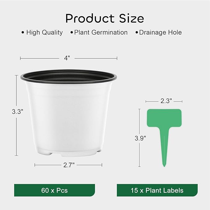 GROWNEER Nursery Pots 60 Packs 4 Inch Plastic Planting Pot with 15 Pcs Plant Labels, Seed Starting Set Flower Planter Container for Succulents, Seedlings, Cuttings, Transplanting, White
