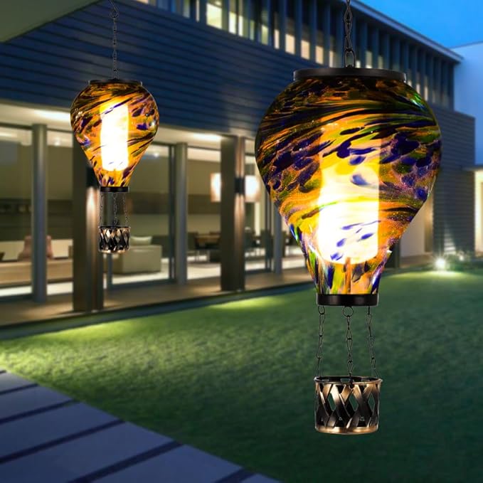 Starsoul Solar Hot Air Balloon Lantern with Flickering Flame Glass Hot Air Balloon Solar Light Waterproof Hanging Outdoor Lantern for Garden Yard Patio Decorations