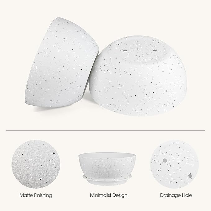 13 inch Plant Pots Pack of 2, Plastic Planter with Drainage Holes and Saucers, Plant pots for Indoor Outdoor Use, Flower Pots for All House Plants (Speckled White)