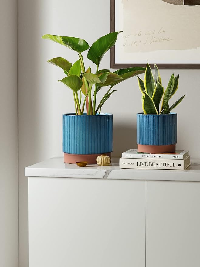 LE TAUCI Ceramic Plant Pots with Drainage Holes, Set of 3, 8+6.7+5.5 Inch Stripe Garden Planter Pots for Outdoor Indoor Plants Flower, Round Succulent Orchid Flower Pot Small to Large Size, Blue