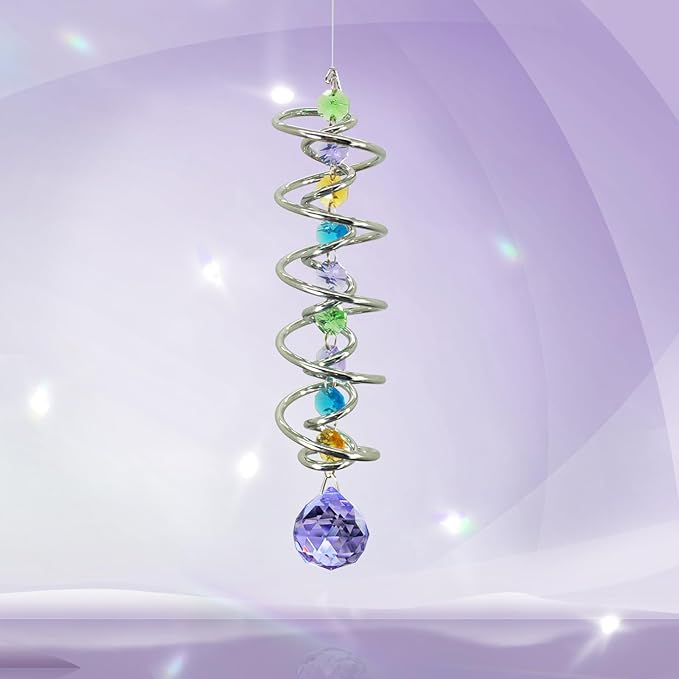 FONMY Gazing Ball Spiral Tail -Decorative Wind Spinner Sun Catcher Rainbow Maker Double-Spiral W/Purple Crystal Ball and Chain Crystals for Indoor Outdoor Garden Decoration -14 inch Height