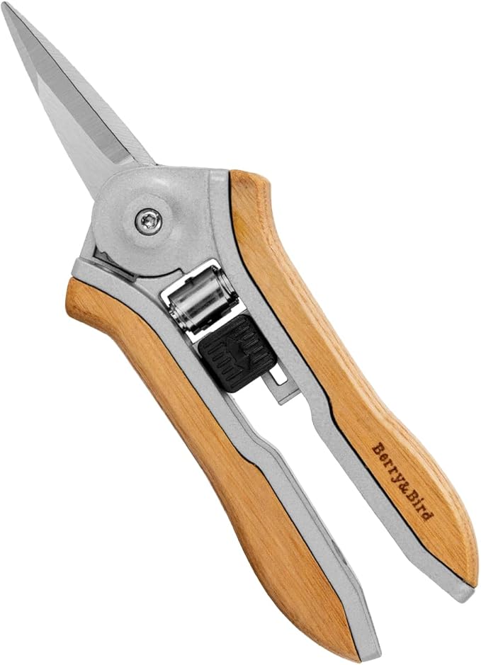 Berry&Bird Mini Pruning Shears for Gardening Straight Blades Hand Pruners with Wooden Handle Garden Scissors Snips Stainless Steel Trimming Small Clippers Bonsai Compact Size Shearing Tool