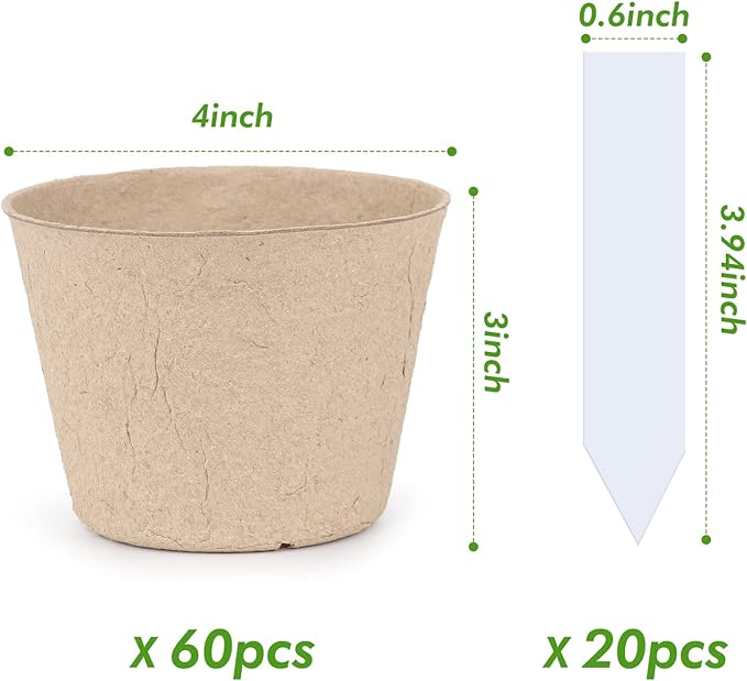 Homenote Peat Pots, 60 Pcs 4 Inch Seed Starting Pots with Drainage Holes Round Nursery Plants Pots with Bonus 20 Plant Labels
