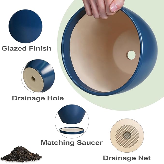 6 Inch Plant Pot - Ceramic Planter with Drainage Hole and Saucer, Modern Round Flower Pot, Planters for Indoor Plants, Home Garden Decor, Blue