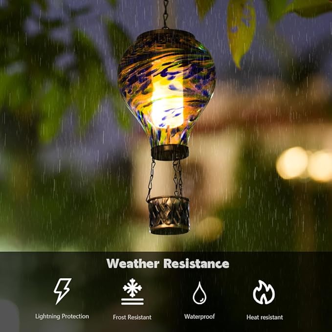 Starsoul Solar Hot Air Balloon Lantern with Flickering Flame Glass Hot Air Balloon Solar Light Waterproof Hanging Outdoor Lantern for Garden Yard Patio Decorations