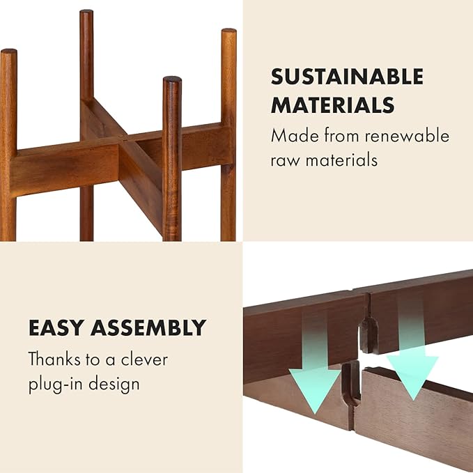 Fox & Fern Set of 3 Mid Century Plant Stand Indoor — Modern Raised Flower Pot Holder for 8, 10 & 11.8 Inch Planters (Not Included); Plug In Design; Two Height Options; Easy to Assemble - Acacia