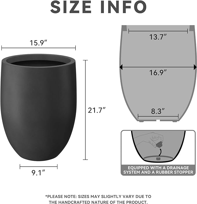 Kante 21.7" H Natural Concrete Tall Planter, Large Outdoor Indoor Decorative Pot with Drainage Hole and Rubber Plug, Modern Round Taper Style for Home and Patio Burnished Black