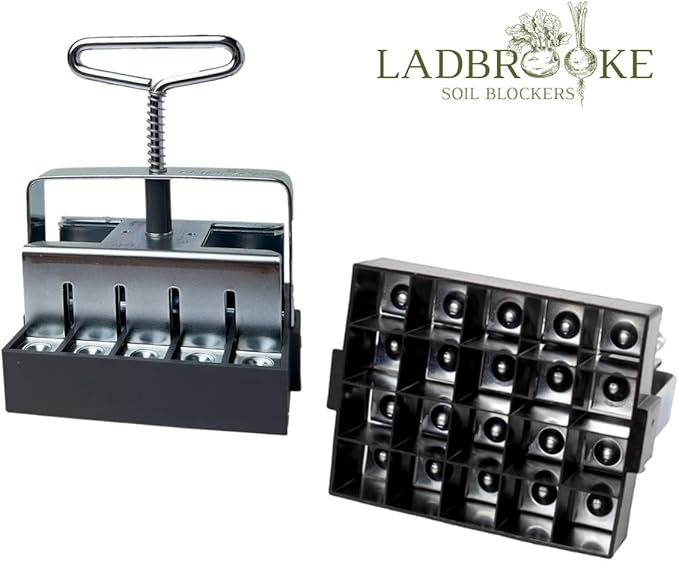 Authentic Ladbrooke Soil Block Maker 5-Pc. Essentials Nesting System Includes Mini 4, Micro 20, Cubic Inserts, 1" Seed Dibbles, and Grow Tweezers, Made in England