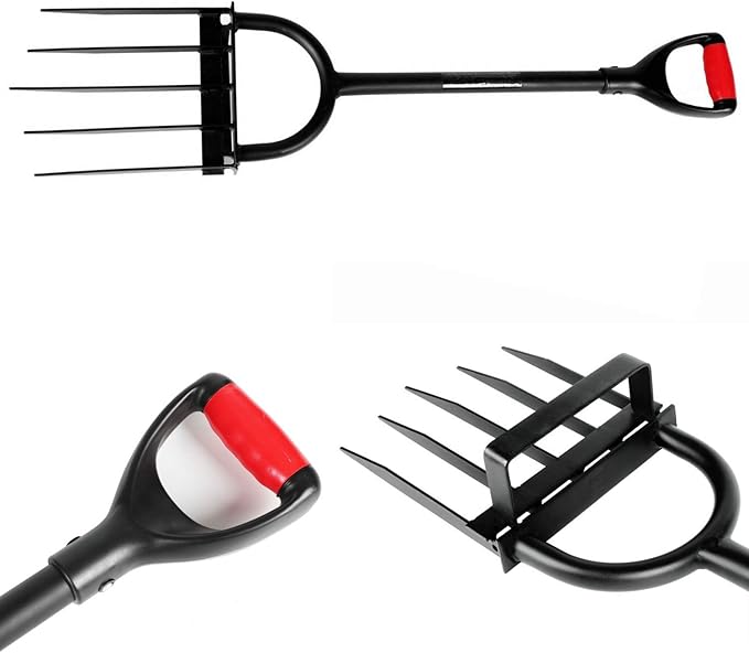 5-Tine Heavy Duty Pitch Fork for Gardening - Long Handled Digging Fork Garden Claw Weeder