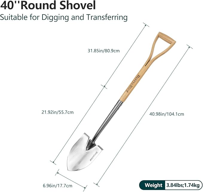 Berry&Bird Shovel for Digging, Round Point Digging Garden Shovel with Wood D-Handle, 40.98" Stainless Steel Gardening Didding Spade, Heavy Duty Spade Shovel Beach Shovel Snow Shovel for Women & Men