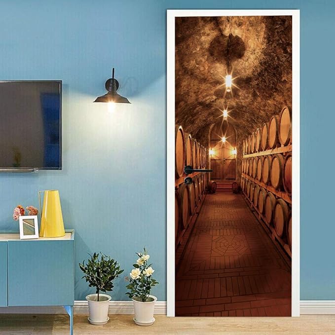 3D Door Stickers Murals - Peel & Stick Wine Cellar Theme - Removable PVC Waterproof Door Poster, 37.4" x 84.6" for Bedroom & Living Room