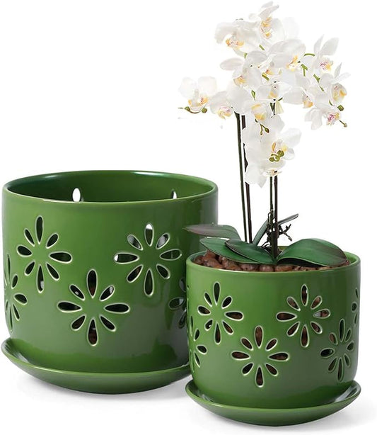 EFISPSS Orchid Pots with Holes,5+6 Inch Ceramic Plant Pots with Drainage Holes and Tray,Enhanced Drainage and Ventilation,Flower Pots for Indoor/Outdoor Plants for Repotting - Green