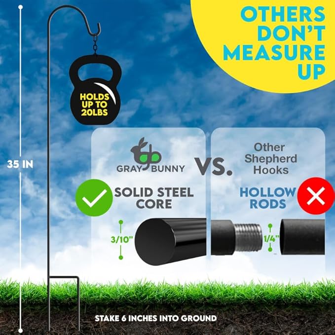 Gray Bunny 35" Shepherds Hooks for Outdoor 4 Pack, Thick Bird Feeder Pole, Hanging Plant Stand, Shepherds Hook for Bird Feeder, Non-Hollow, Non-Adjustable, Extra Long Base Prongs