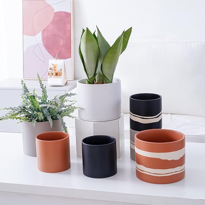 Nihow Modern Ceramic Plant Pot - 5 + 7 Inch Flower Pot for All Indoor Plants - Sturdy Planter Pots with Drainage Hole & Rubber Plugs - Semi-Matte Black & Nature - Plants Not Included