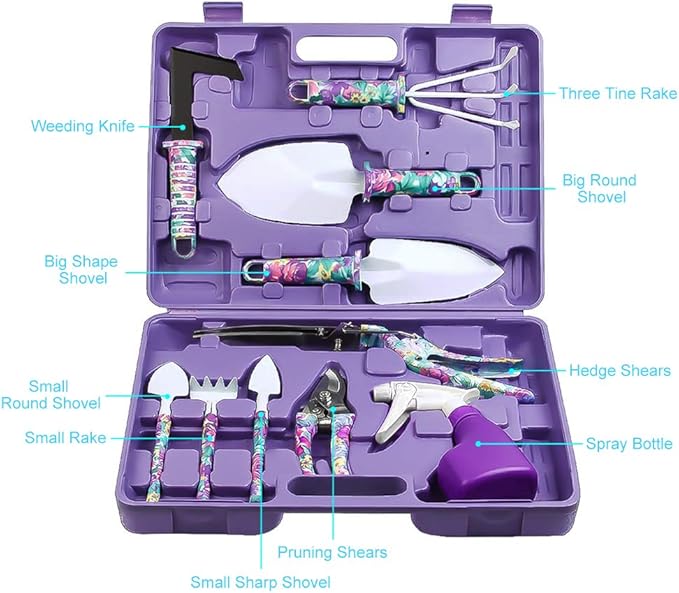 Jhua Garden Tool Set, 10 Pieces Gardening Tools Kit with Purple Flower Print, Ergonomic Handle Trowel Rake Weeder Pruner Shears Sprayer, Garden Hand Tools with Carrying Case Gardening Gifts for Women