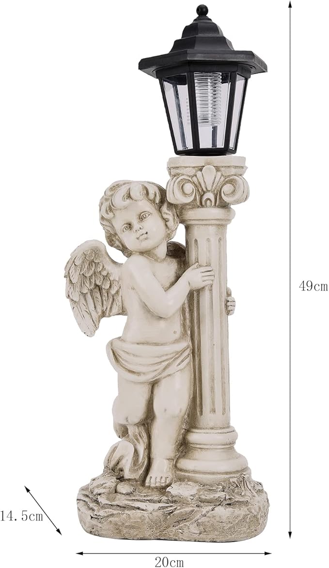 Angel Statue with Solar Lights (Left) 19.7 Inch, Solar Cherub Angel Garden Statue with Roma Pillar for Garden Decor, Porch, Patio, Yard Art Decorations, Polyresin