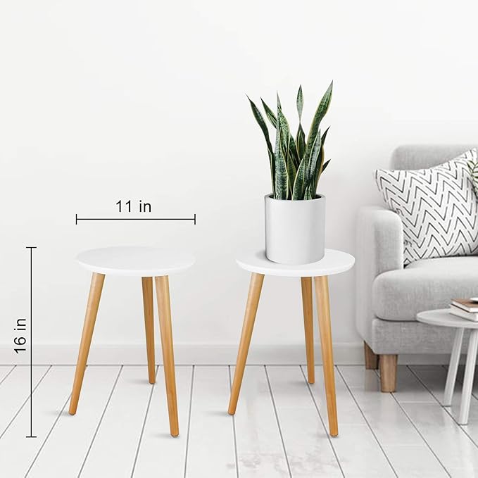 Uneedem Wood Mid Century Plant Stand for Indoor Plants, Modern Table, Tall Holder for Flower Pots, Small Round Side/End Table(A2 White, High: 16.5")