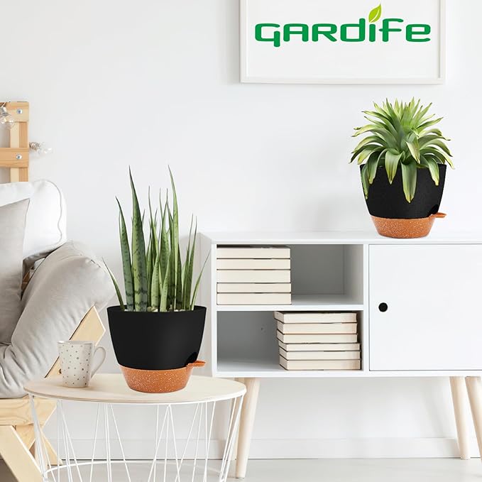 GARDIFE 10 inch Plant Pots,Self Watering Pots, 2 Pack Flower pots, Large Plastic Planters with Deep Reservior and High Drainage Holes for Indoor Outdoor Plants and Flowers, Black