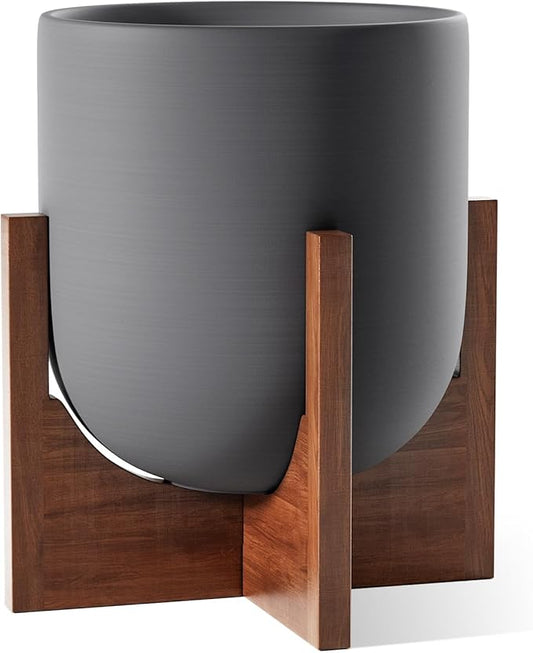 LE TAUCI 12 Inch Pots for Plants with Acacia Wood Stand, Ceramic Large Planters for Indoor Plants, Indoor Plant Pots for Office Living Room, Pots for Plants with Drainage Hole and Plug, Charcoal Gray