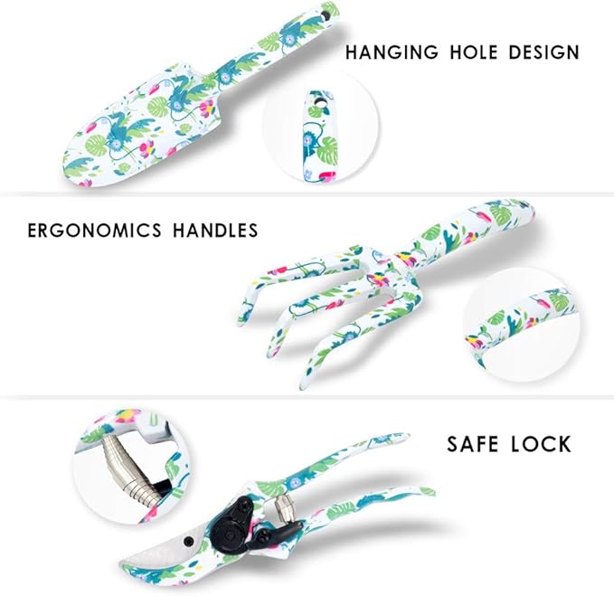 Gardening Gifts for Women,3 PCS Floral Print Gardening Tools Include Hand Rake,Pruner and Trowel, Exquisite Packaging Garden Gifts for Mom and Ladies