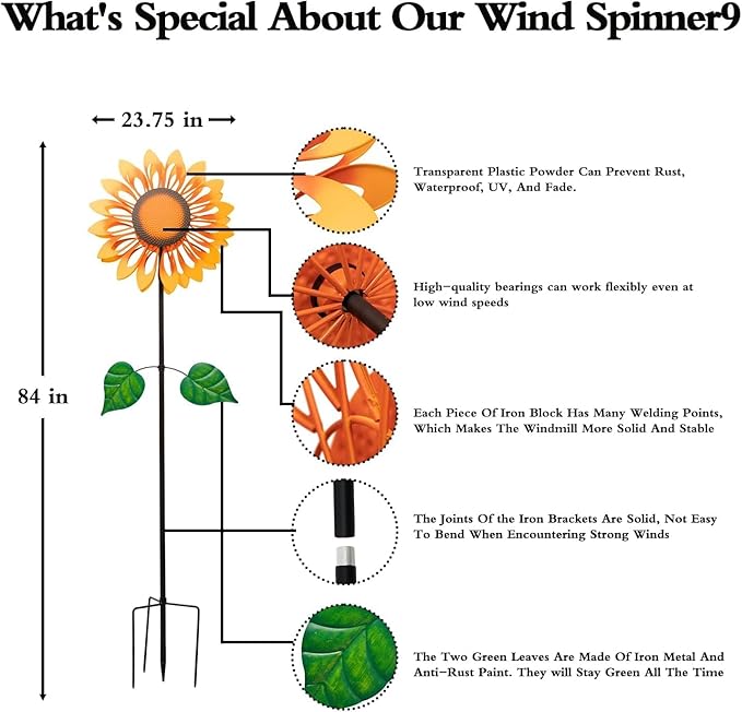 Wind Spinners for Yard and Garden Large, Wind Spinner Outdoor Metal Large, 84 Inch Wind Sculptures Birthday Gifts for Women(Double Sided Sunflower)
