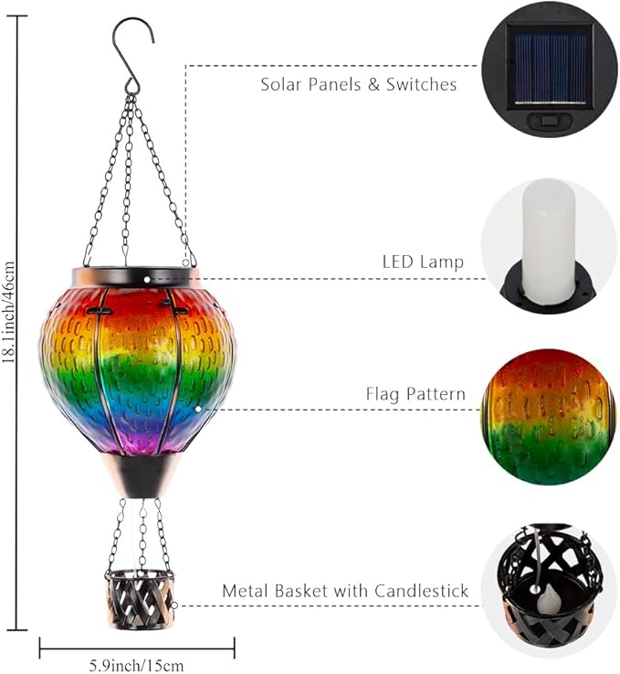 DREAMSOUL Hot Air Balloon Solar Lantern with Candle Holder, Glass Hanging Solar Lantern with Flickering Flame, Solar Lanterns Outdoor Waterproof for Lawn, Patio, Porch, Tree Decor