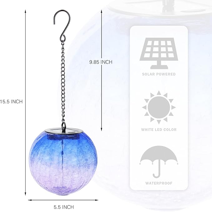 Hanging Solar Lights Outdoor Solar Lanterns Outdoor Decorative Cracked Glass Ball Lights Solar Powered Waterproof LED Globe Lantern for Outdoor Porch Patio Garden Decor Gift Purple
