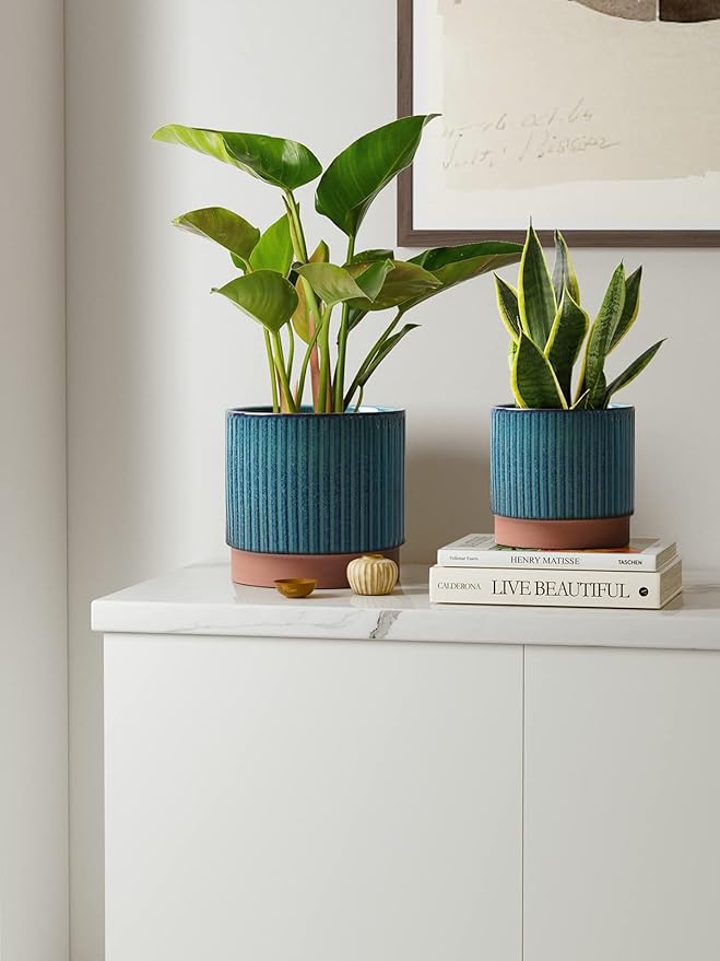 LE TAUCI Ceramic Plant Pots with Drainage Holes, Set of 3, 8+6.7+5.5 Inch Stripe Garden Planter Pots for Outdoor Indoor Plants Flower, Round Succulent Orchid Flower Pot, Reactive Glaze Black