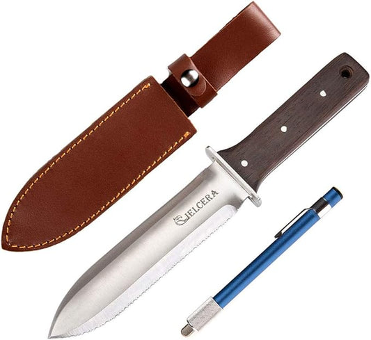 12" Hori Hori Garden Knife (Right Serrated Blade) with Free Diamond Sharpening Rod, Ideal Gardening Digging Landscaping Weeding Tool, with Thick Sheath and a Fine Gift Box