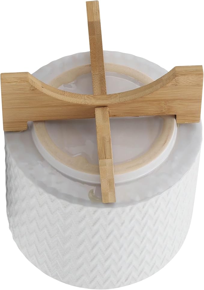 8" Ceramic Planter on Wooden Bamboo Stand - Contemporary White Chevron Design for Indoor or Outdoor Plants, Succulents, Cactus