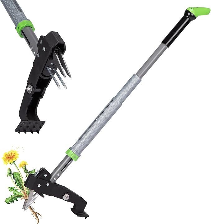 DEERFAMY Heavy Duty Stand Up Weeder Puller Tool, Adjustable 40-46in Ergonomic Long Handle Weeder Tool with 4-Claw Stainless Steel and Easy-Eject Mechanism, Weeding Without Bending, Green