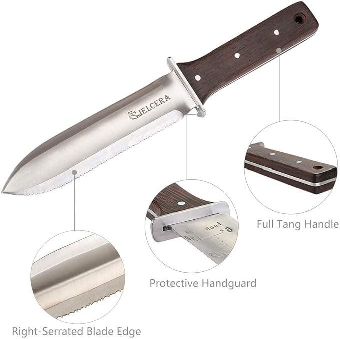 12" Hori Hori Garden Knife (Right Serrated Blade) with Free Diamond Sharpening Rod, Ideal Gardening Digging Landscaping Weeding Tool, with Thick Sheath and a Fine Gift Box