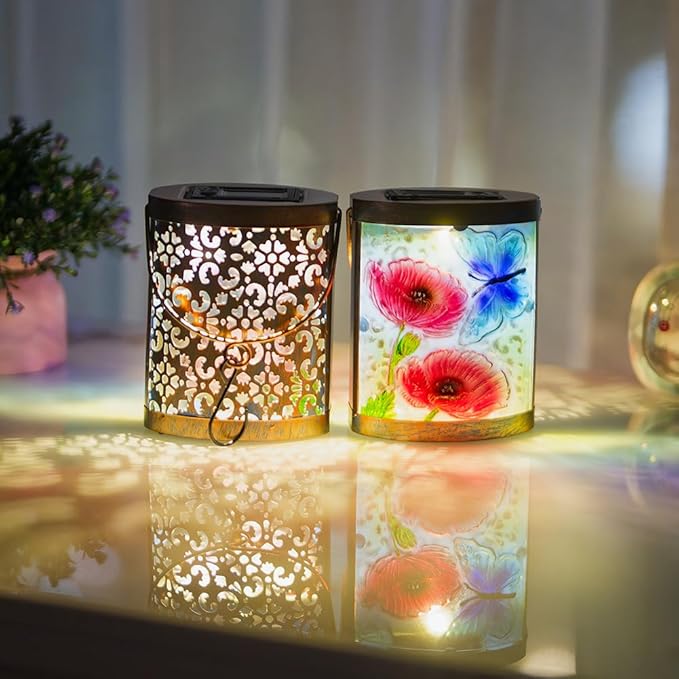 2 Pack Glass Butterfly Solar Lanterns Outdoor Waterproof, Hanging LED Solar Lantern for Tabletop Garden Yard Patio Decor
